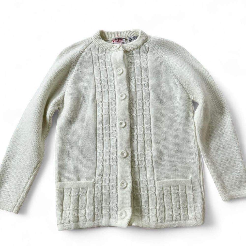 Kimlon Vintage 70s Cream Knit Textured Cardigan‎ Sweater Cottagecore Coquette
